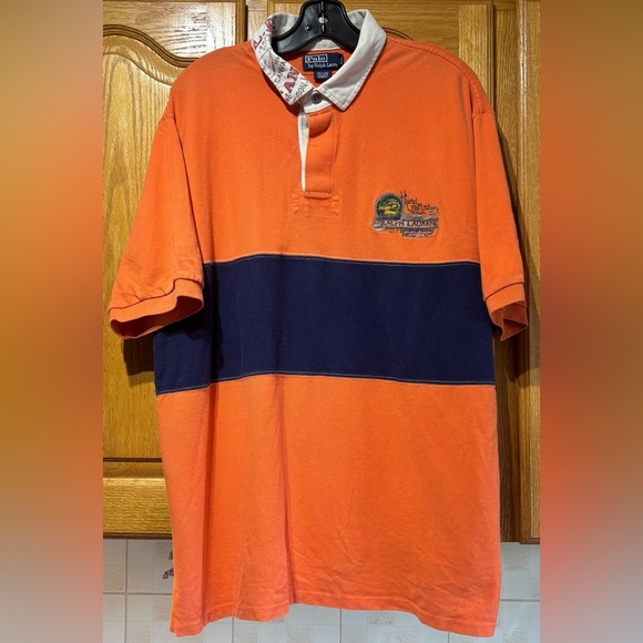 Polo Ralph Lauren Sporting Goods Orange and Navy Rugby Polo Shirt Men’s XXL - Picture 1 of 7
